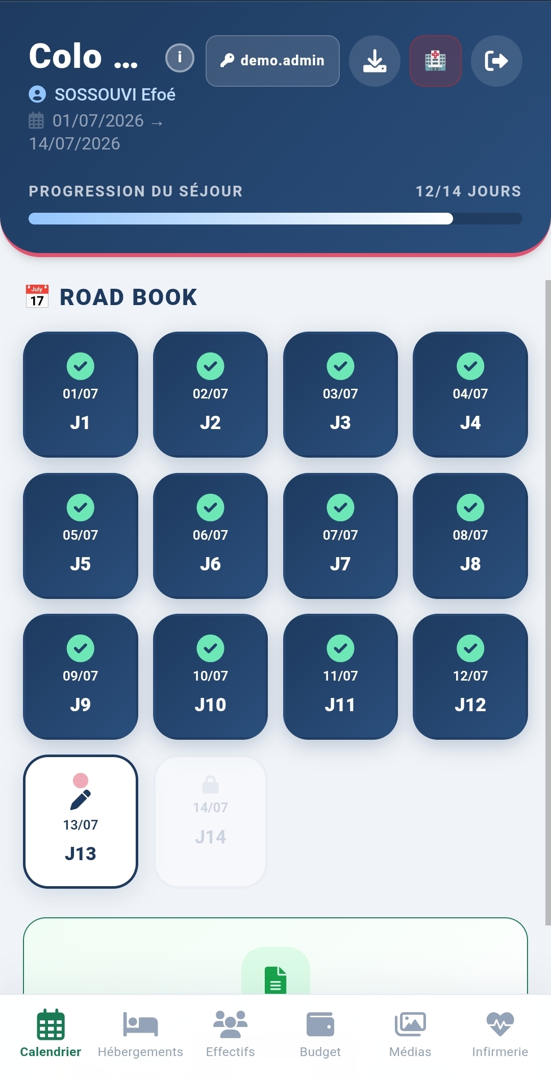 Calendrier du séjour